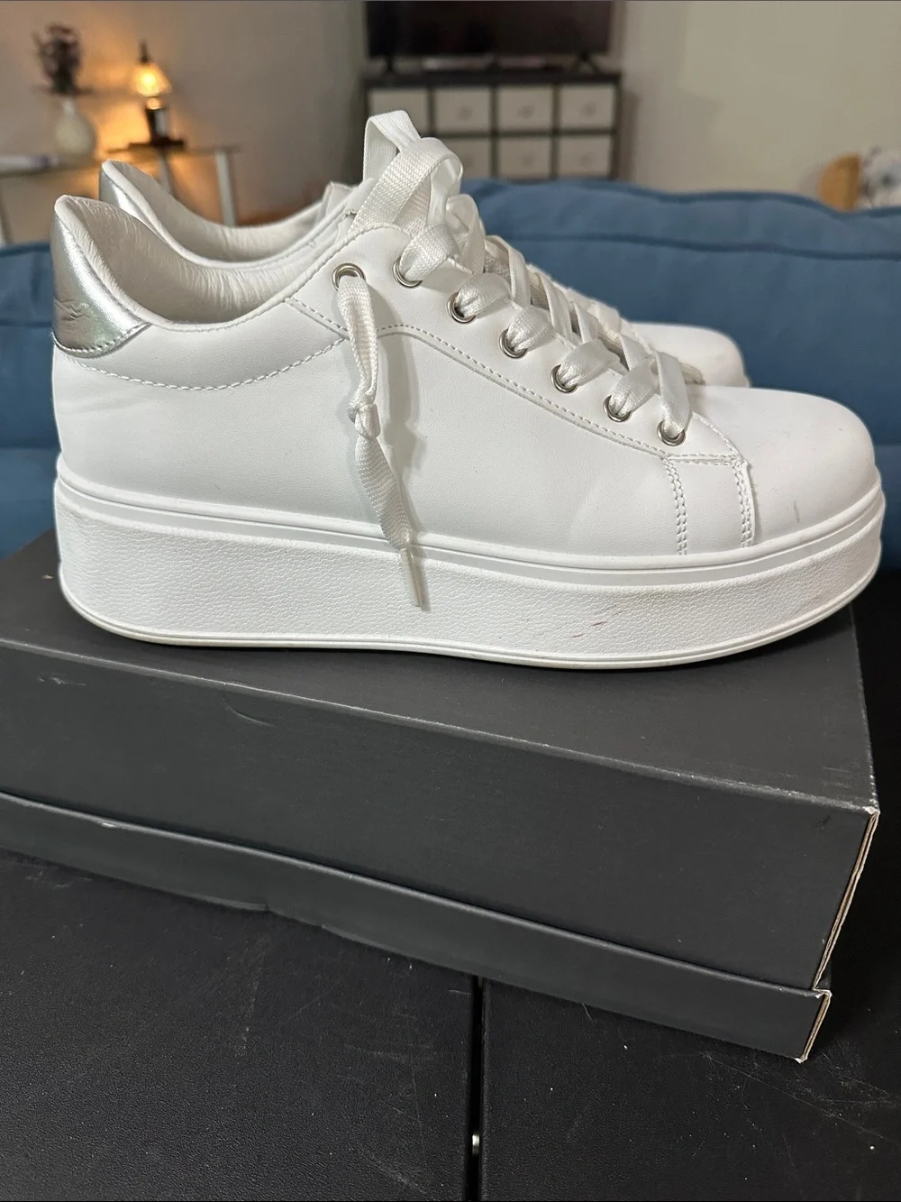 GND Women’s White Platform Sneakers with Silver Heel Accent